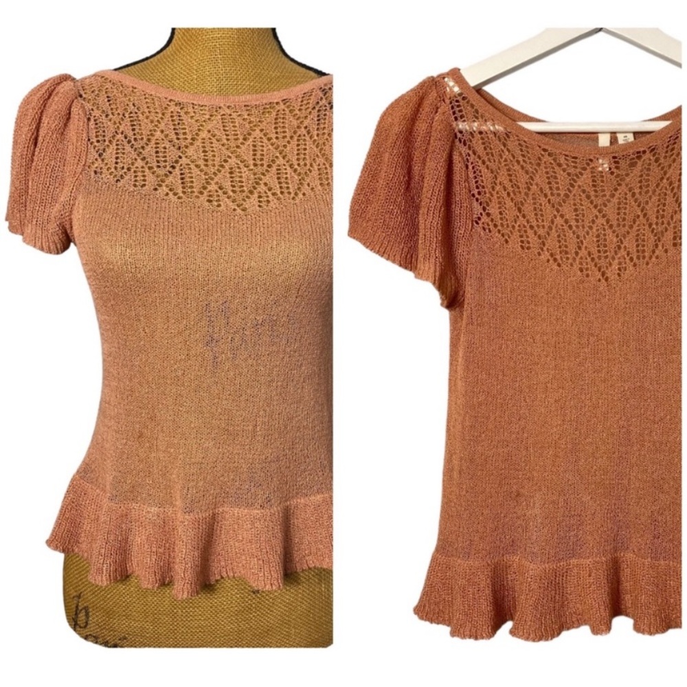 Frenchi Rust Orange Knit Sheer Lightweight Ruffled Casual Blouse Top XS
